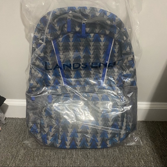 Lands End Briefcase Backpack Blue Gray Geometric NEW - Picture 1 of 6